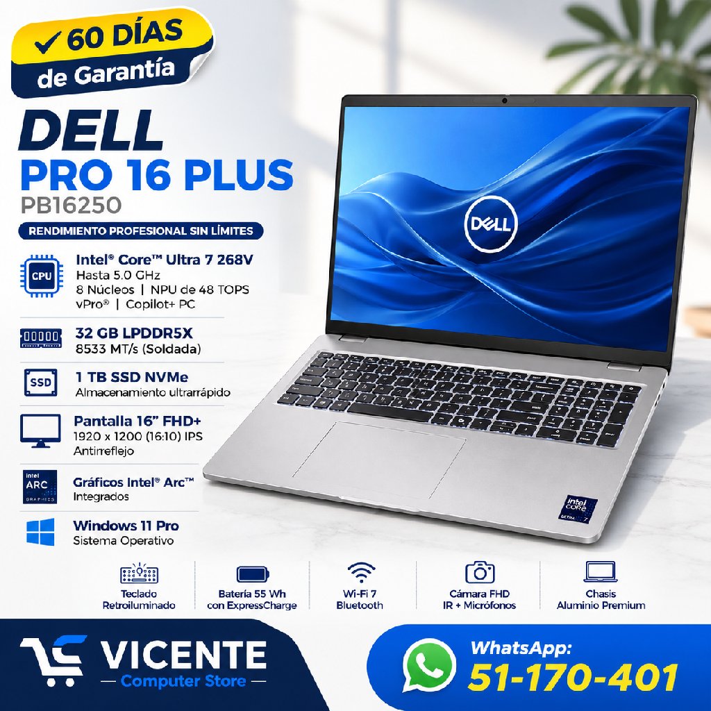 scaled_1000924336 Dell Pro 16 PLUS/ ultra 7 268V vPro/ 32GB RAM DDR5/ 1TB SSD - Imagen 1