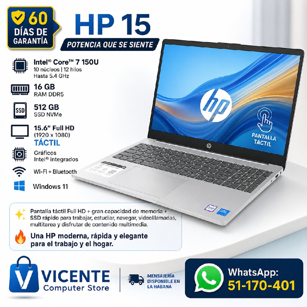 scaled_1000931573 HP 15/ core 7 150U/ 16GB RAM DDR5/ 512GB SSD/ 15.6"FHD TÁCTIL - Imagen 1