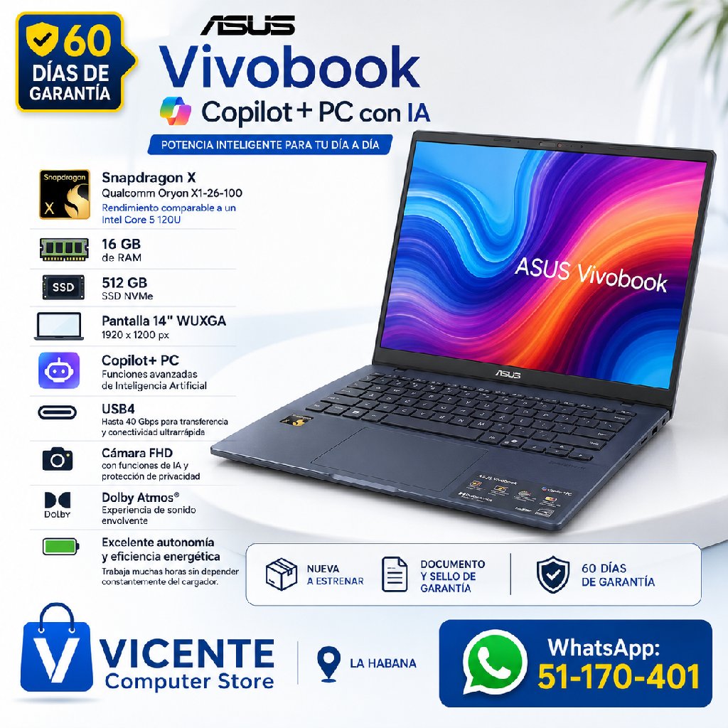 scaled_1000931574 Asus VIVOBOOK/ Snapdragon x Qualcomm Oryon X1 26100/ 16GB RAM/ 512GB SSD - Imagen 1
