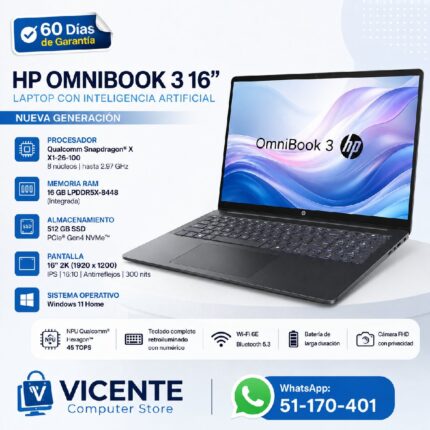 HP OMNIBOOK 3 16"/Snapdragon X Qualcomm X1-26-100/16GB RAM/ 512GB